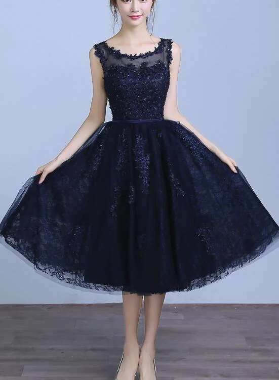 Navy Blue Lace and Tulle Tea Length Round Neckline Party Dress, Blue Wedding Party Dresses Boat Neckline Classic