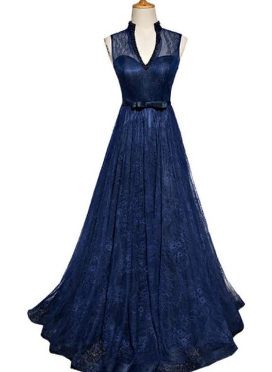 Navy Blue Lace V-neckline Open Back Evening Gown, Blue Floor Length Party Dress Tunics Custom made Navy Blue Lace V-neckline Open Back Evening Gown, Blue Floor Length Party Dress Tunics Custom made