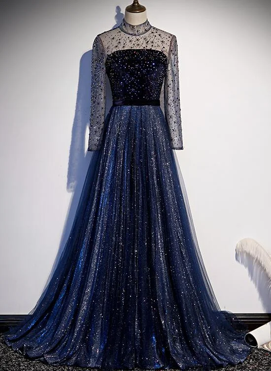 Navy Blue Long Sleeves Shiny Sparkle Long Evening Dress, Sequins Blue Wedding Party Dress Mermaid Tail Wedding Navy Blue Long Sleeves Shiny Sparkle Long Evening Dress, Sequins Blue Wedding Party Dress Mermaid Tail Wedding
