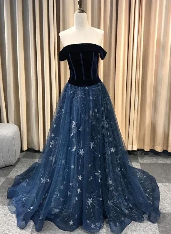Navy Blue New Style Long Off Shoulder Prom Dress, A-line Formal Dress, Evening Dress Tunics Custom made Navy Blue New Style Long Off Shoulder Prom Dress, A-line Formal Dress, Evening Dress Tunics Custom made
