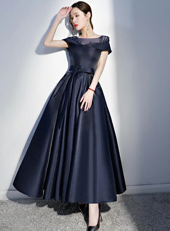Navy Blue Satin Beaded New Style Long Party Dress, Blue Cap Sleeves Prom Dress Tunics Spring floral Navy Blue Satin Beaded New Style Long Party Dress, Blue Cap Sleeves Prom Dress Tunics Spring floral