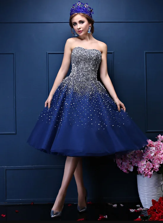 Navy Blue Sequins Sweetheart Tulle Knee Length Party Dresses, Blue Homecoming Dresses Tunics Leisure comfortable
