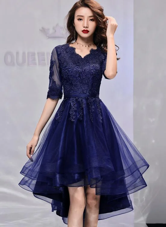 Navy Blue Short Sleeves High Low Homecoming Dress with Lace, Short Sleeves Prom Dress Party Dress Tunics Brand named