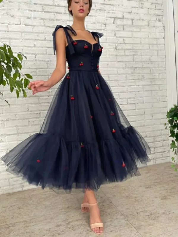 Navy Blue Tea Length Tulle Prom Dresses with Appliques, Navy Blue Floral Formal Evening Dresses Tunics Bridal satin