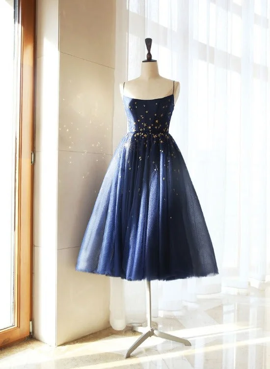 Navy Blue Tulle Straps Short Evening Dress, Blue Lovely Party Dress Prom Dress Satin Halter Glamorous