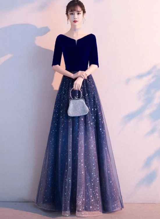 Navy Blue Velvet Short Sleeves with Shiny Tulle Long Party Dress, Blue Bridesmaid Dress Prom Dress Tunics Party sparkling
