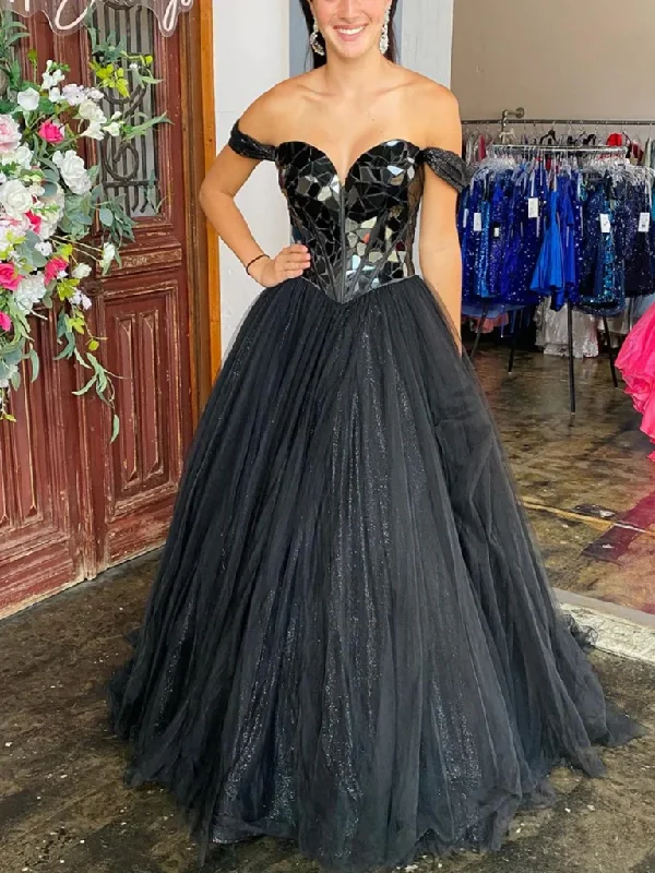 Off Shoulder Black Sequins Tulle Long Prom Dresses, Off Shoulder Black Sequins Tulle Long Formal Evening Dresses Bodycon Fitted Nightout