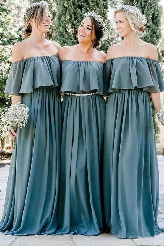 Off the Shoulder Chiffon Slate Gray Mismatched Bridesmaid Dresses Long Party Dresses Tunics Chic elegant