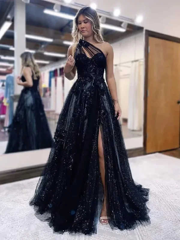 One Shoulder Black Lace Prom Dresses, One Shoulder Black Lace Formal Evening Dresses Mermaid Tail Wedding