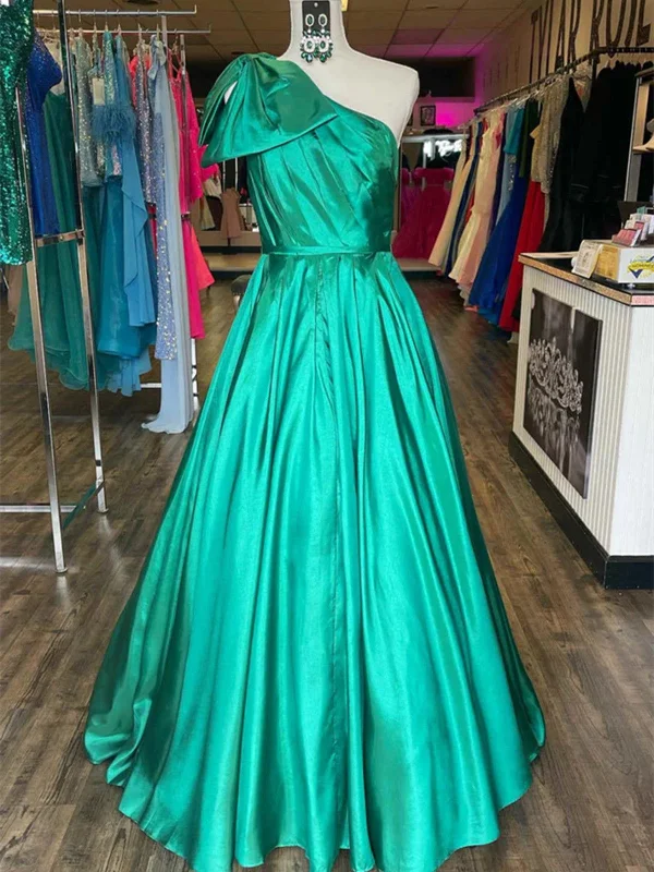 One Shoulder Green Satin Long Prom Dresses, One Shoulder Green Satin Long  Formal Evening Dresses Tunics Chic elegant