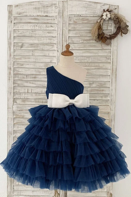 One Shoulder Navy Blue Cupcake Tulle Wedding Flower Girl Dress Kids Party Dress Tunics Velvet soft