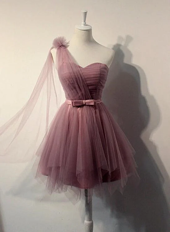 One Shoulder Tulle Dark Pink Short Formal Dress , Cute Pink Party Dress Tunics Floral girly