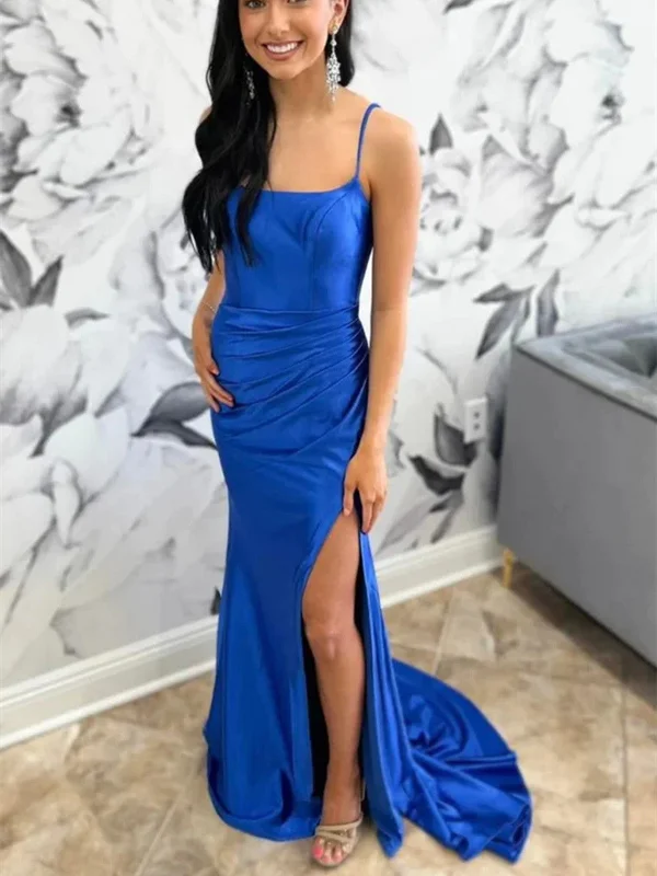 Open Back Mermaid Royal Blue Long Prom Dresses with High Slit, Mermaid Royal Blue Backless Formal Evening Dresses Tunics Floral girly