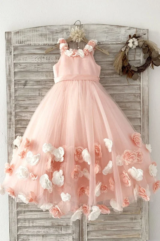 Ball Gown Blush 3D Flowers Tulle Wedding Flower Girl Dress Kids Party Dress Tunics Short Trendy