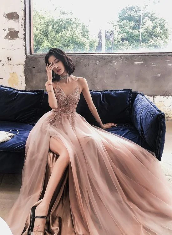 Pink A-line Beaded Tulle High Slit Straps Formal Dress, Pink Tulle Party Dress Prom Dress Tunics Versatile stylish