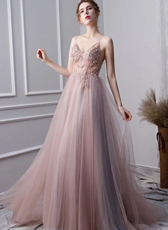 Pink Beaded High Slit Tulle V-neckline Long Party Dress, A-line Tulle New Prom Dress Evening Dress Tunics Wedding white