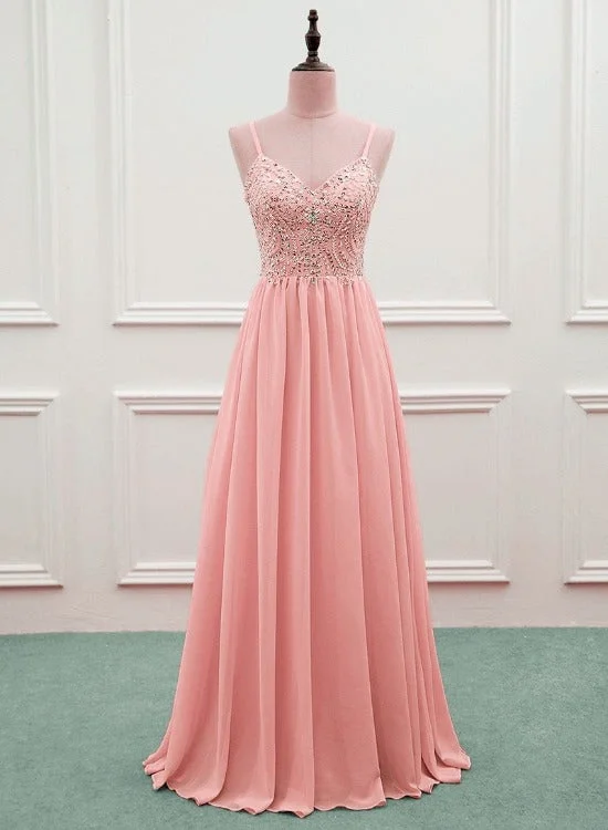 Pink Beaded Sweetheart Chiffon A-line New Prom Dress, Pink Evening Gown Wedding Party Dress Tunics Evening elegant