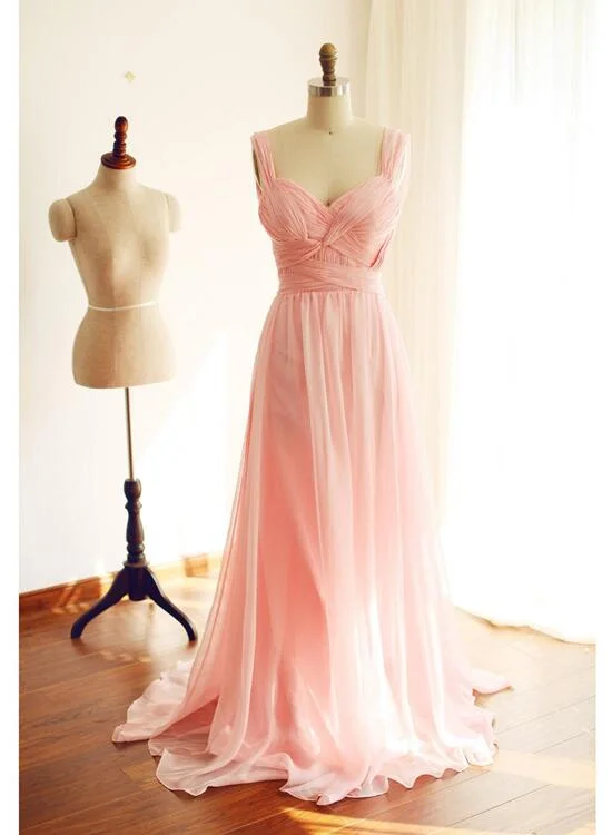 Pink Chiffon Long Formal Gown, Pink A-line Party Dress, Prom Dresses Tunics Leisure comfortable