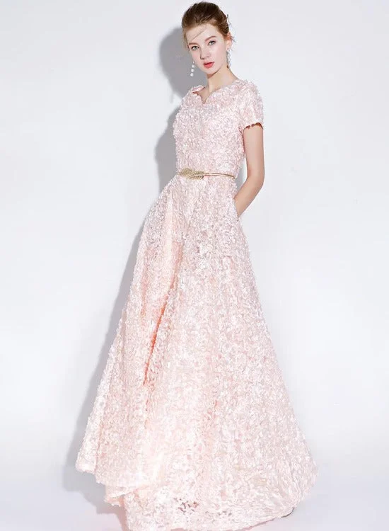 Pink Lace A-line Cap Sleeves Floor Length Party Dress, A-line Pink Prom Dress Formal Dress Tunics Brand named