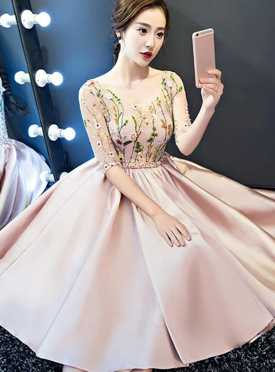 Pink Lace and Satin Lovely Short Party Dress Prom Dress, Pink Homecoming Dresses Tunics Stylish modern