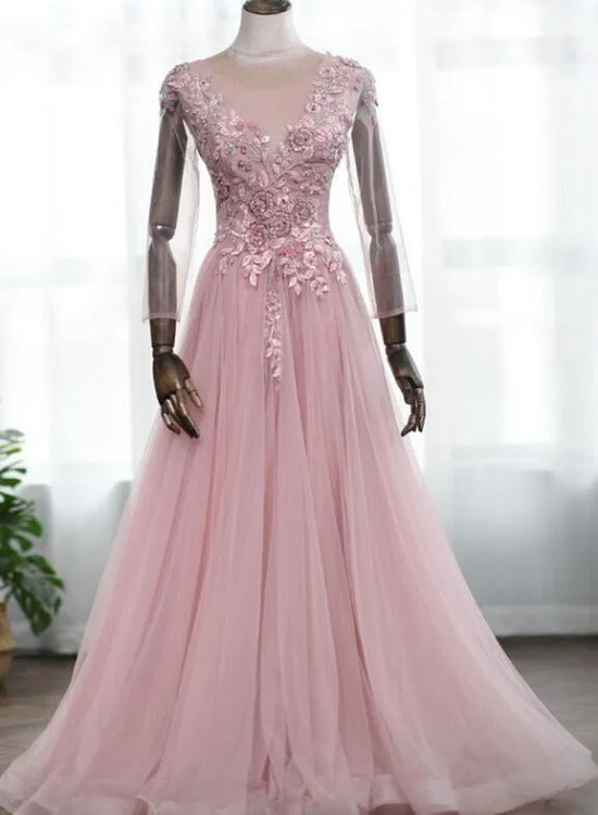 Pink Lace Floral Tulle Long Sleeves A-line Evening Dress, Pink Prom Dress Party Dress Tunics Chic elegant