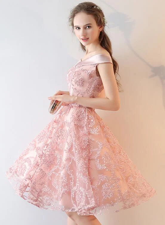 Pink Lace Off Shoulder Short Party Dress Homecoming Dress, Pink Prom Dress Formal Dress Tunics Chic elegant