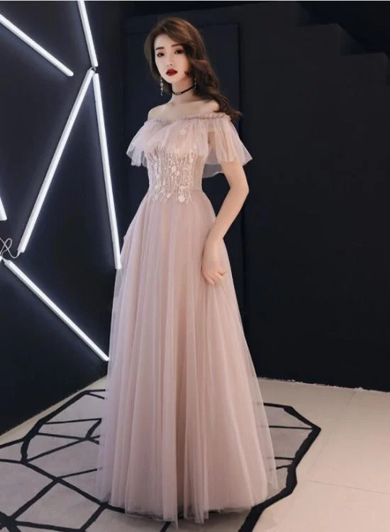 Pink Lace Off Shoulder Tulle A-line Floor Length Party Dress, Pink Formal Dresses Tunics Handmade artisanal