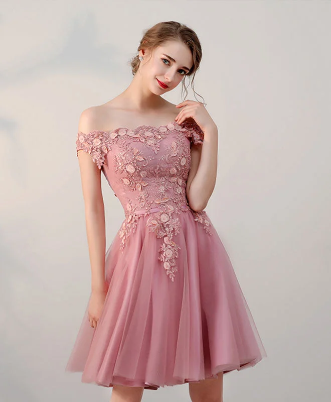 Pink Lace Tulle Short Prom Dress, Pink Evening Dresses Tunics Silk luxurious