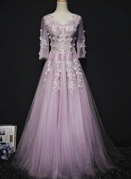 Pink Long Sleeves Tulle with Flowers V-neckline Prom Dress, A-line Pink Bridesmaid Dress Party Dress Tunics Bestseller popular