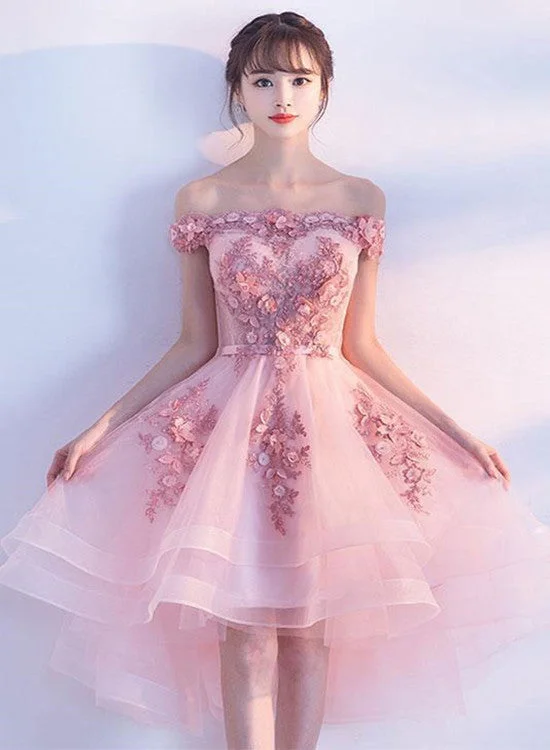 Pink Off Shoulder Tulle High Low Homecoming Dresses, Lovely Party Dress Square Neckline Feminine