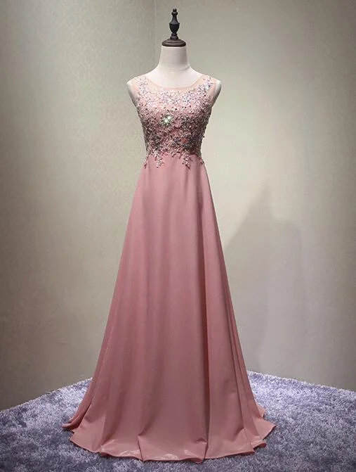 Pink Round Neckline Chiffon and Beaded Party Dresses , Long Formal Dresses Shift Classic Vintage