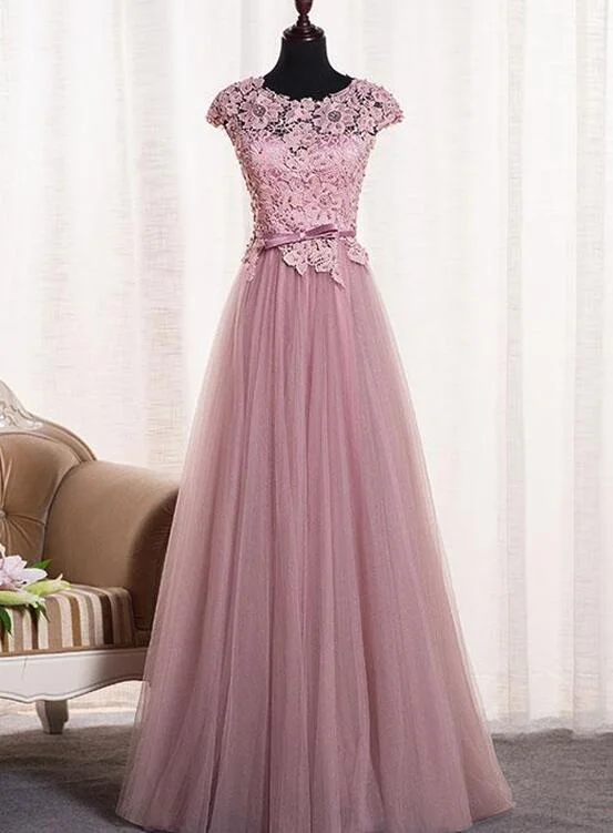 Pink Round Neckline Lace and Tulle Gown, Evening Gowns, Pink Junior Party Dresses Tunics Plaid country