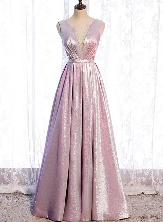 Pink Satin V-neckline Shiny A-line Party Dress Prom Dress, Pink Long Formal Dress Bridesmaid Dress Peplum Ruffle Cocktail