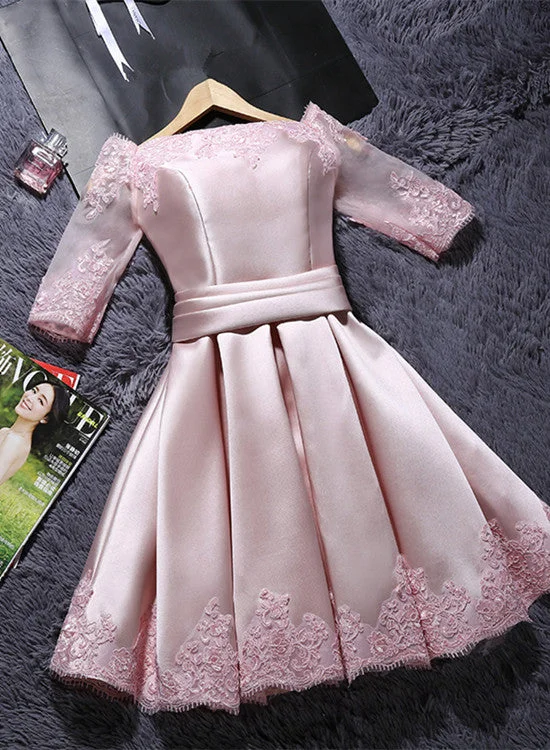 Pink Short Satin with Lace Round Neckline Wedding Party Dresses, Pink Cute Homecoming Dress Mermaid Tail Wedding