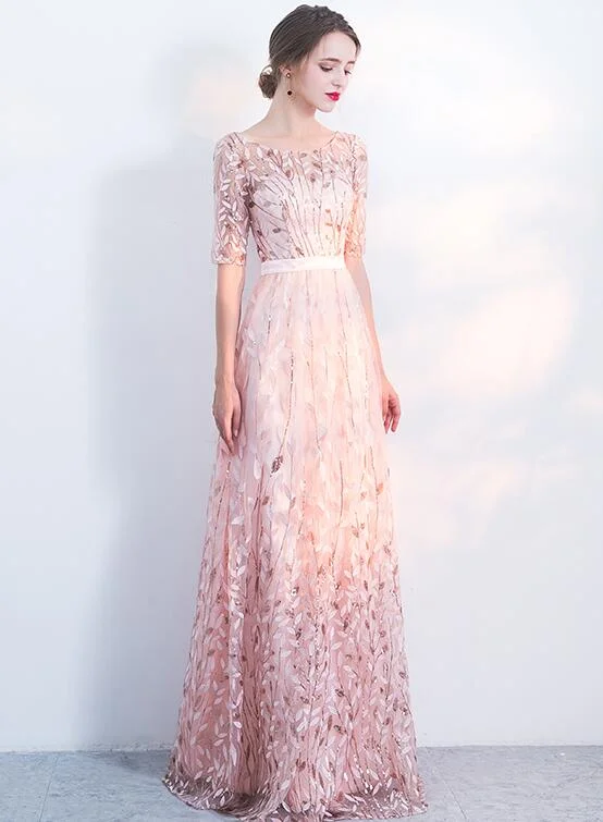 Pink Short Sleeves Lace Floral Party Dress, A-line Wedding Party Dress, Bridesmaid Dress Tunics Solid Classic