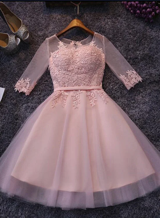 Pink Short Sleeves Tulle with Lace Applique Wedding Party Dress, Lovely Junior Prom Dress Tunics Practical easy-care