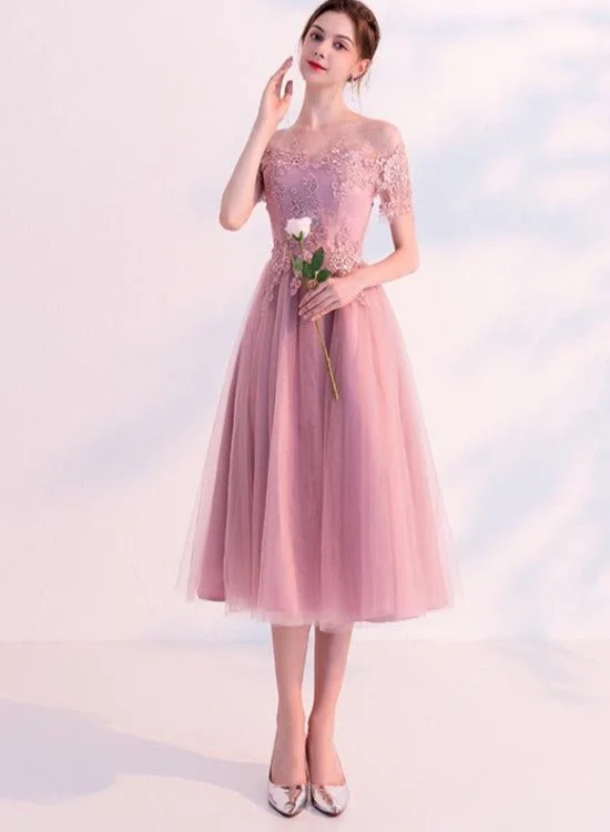 Pink Short Tulle with Lace Off Shoulder Wedding Party Dresses, Pink Short Formal Dress Tunics Canvas sturdy