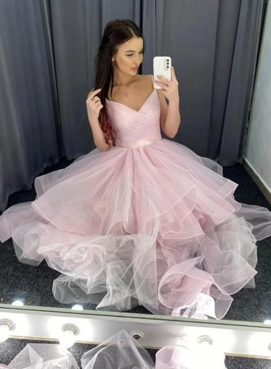 Pink Straps V-neckline Tulle Long Layers Prom Dresses Party Dress, Pink Tulle Formal Dress Halter Neckline Beach