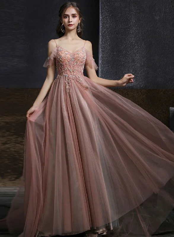 Pink Sweetheart Straps Beaded Long Formal Dress, Pink Tulle A-line V Back Evening Dress Prom Dress Tunics Trendy modern