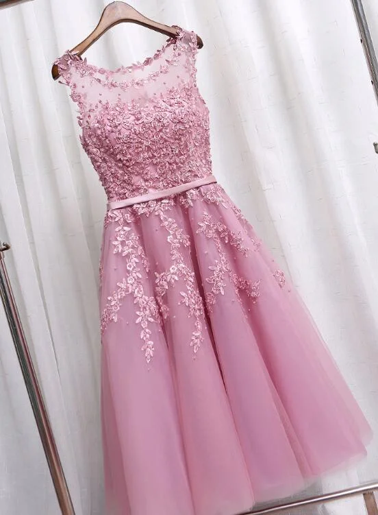 Pink Tea Length Formal Dress, Lace Applique Party Dresses Tunics Ceremony elegant