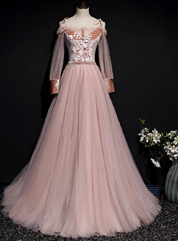 Pink Tulle and Velvet Long Sleeves Flowers Evening Dress, New Style A-line Party Dress Tunics Handmade artisanal Pink Tulle and Velvet Long Sleeves Flowers Evening Dress, New Style A-line Party Dress Tunics Handmade artisanal