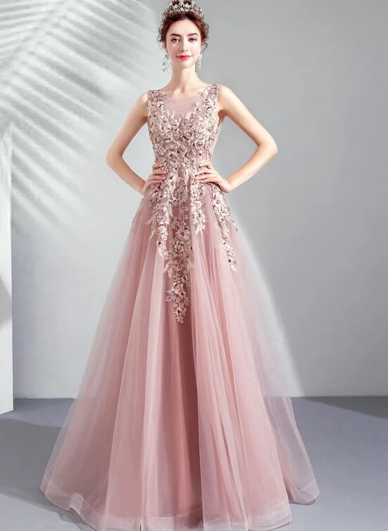 Pink Tulle Flowers V-neckline Long Formal Gown, Lovely Pink Tulle Prom Dress Party Dress Tunics Floral girly