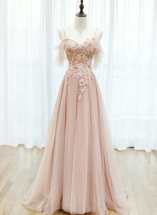 Pink Tulle Lace Applique Flowers Off Shoulder Long Party Dress, Pink A-line Prom Dress High-Low Hemline Casual