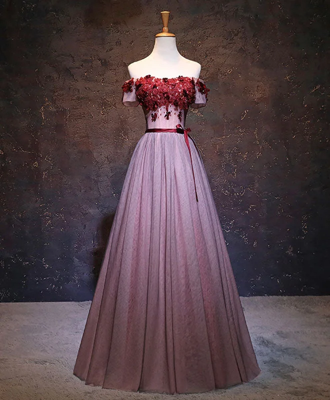 Pink Tulle Lace Applique Long Prom Dress, Burgundy Lace Evening Dress Tunics Custom made