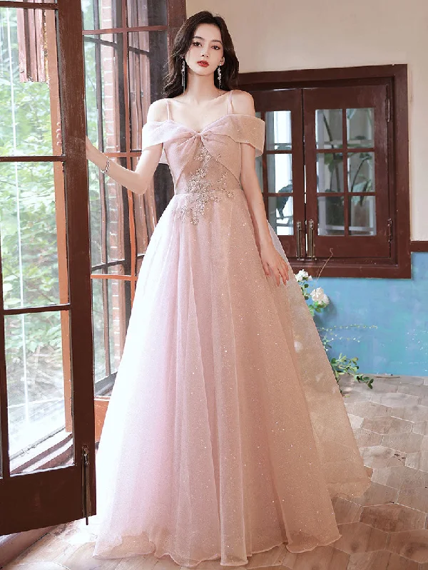 Pink Tulle Off Shoulder Lace Long Prom Dress, Pink Tulle Evening Dress Tunics Chinos classic