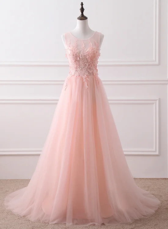 Pink Tulle Round Lace Applique Long Formal Dress, Pink Tulle Junior Prom Dress Party Dress Tunics Sophisticated sleek