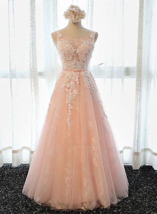 Pink Tulle Round Neckline Prom Gown, Junior Prom Dress , Party Dress Off-the-shoulder Bohemian Festive