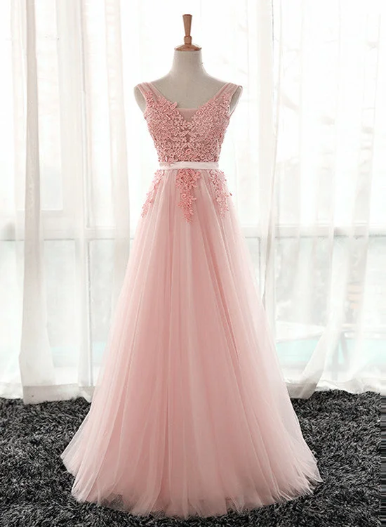 Pink Tulle V-neckline Lace Applique Floor Length Party Dress, Pink Prom Dress 2021 Tunics Occasion special Pink Tulle V-neckline Lace Applique Floor Length Party Dress, Pink Prom Dress 2021 Tunics Occasion special