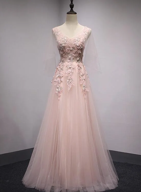 Pink Tulle V-neckline Long Party Dress, Beautiful Prom Dress, Cute Formal Gown Tunics Review highly