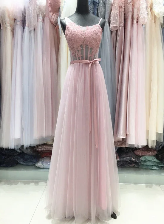 Pink Tulle with Lace Applique A-line Long Formal Gown, Pink Party Dress , Formal Gown Tunics Stylish elegant